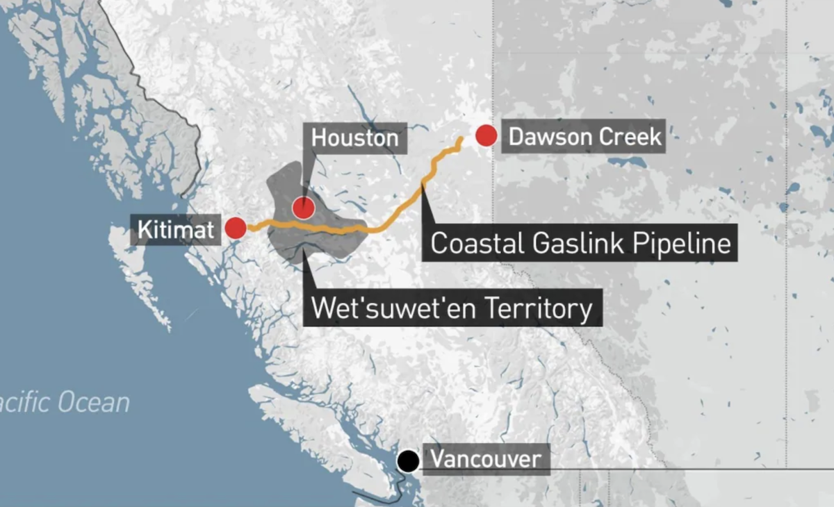 Map of the Coastal Gaslink pipeline route going through Wet'suwet'en traditional territory