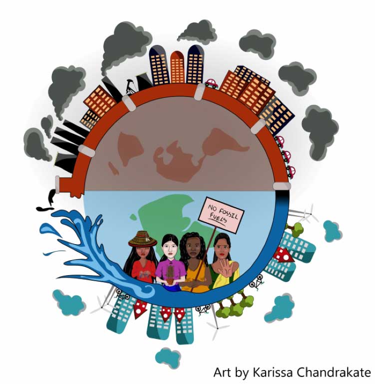 Stopping the Cycle by Karissa Chandrakate, a graphic which shows people taking action to move their communities and the world off fossil fuels.