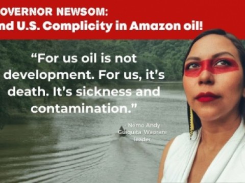 Nemo with the Amazon river behind her and red and white text with a call to action for Governor Newsom