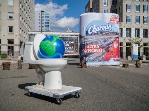 blow up toilet bowl with a blow up globe in it